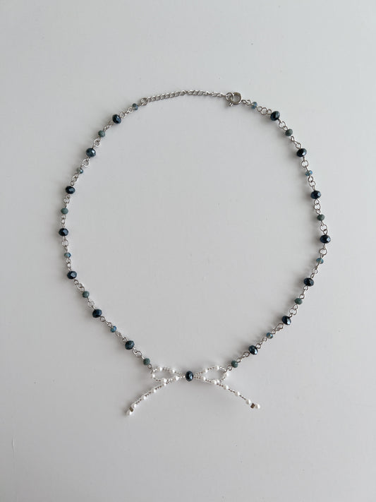 Pearly Ribbon Necklace - Denim Blue