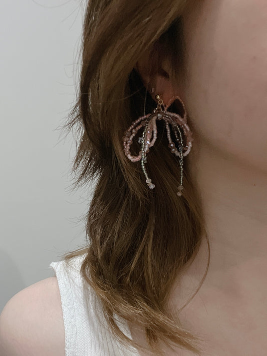 Flower Ribbon Earrings in Rose